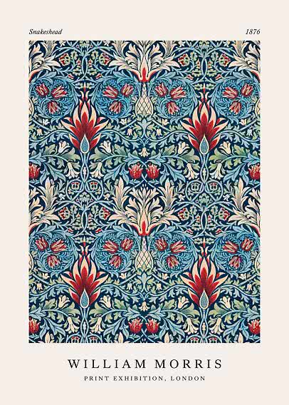 Poster di William Morris con motivo Snakeshead blu, rosso e crema con fiori e tralci