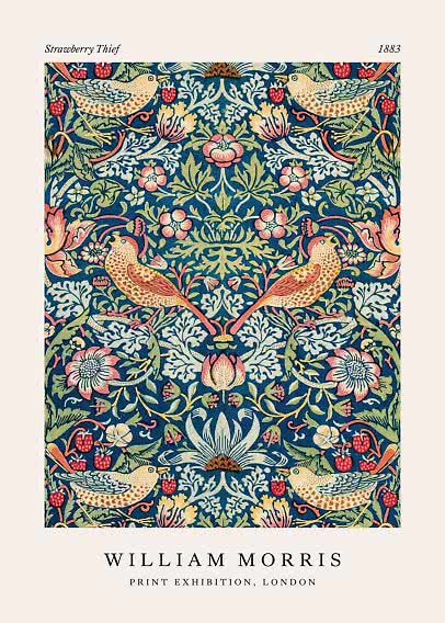 Poster med William Morris-mönstret Strawberry Thief med fåglar, jordgubbar och blommor på blå bakgrund