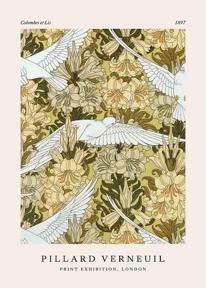 Art nouveau-plakat med hvide duer blandt cremefarvede liljer og grønne blade
