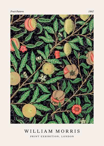 William Morris plakat med frugtmønster, grønne blade og blomster på sort baggrund