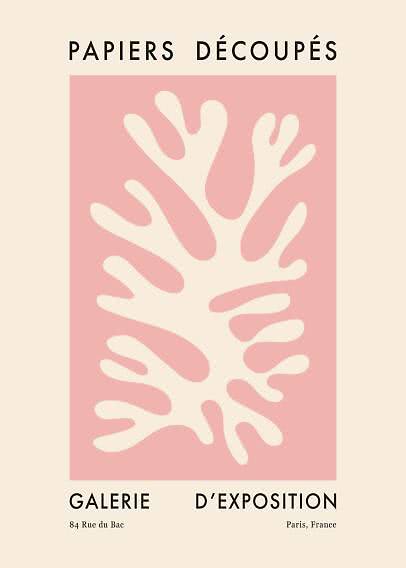 Poster with cream coral silhouette on pink background and French exhibition text.