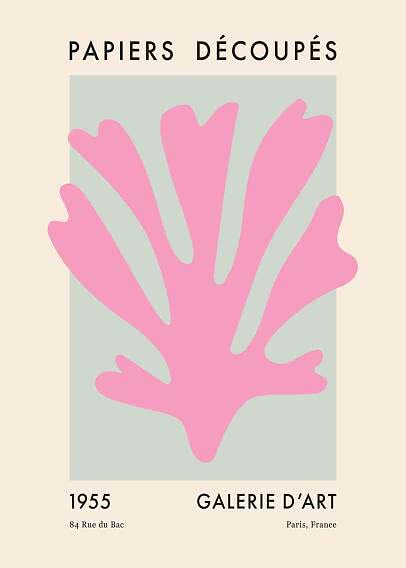 Abstract art poster with large pink leaf shape, "Papiers Découpés" text, and gallery details.
