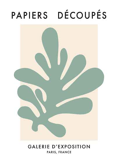 Poster astratto con forma di foglia verde salvia su sfondo beige e testo in francese