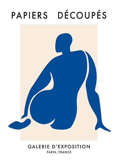 Abstract poster with blue seated figure on beige background and French text.
