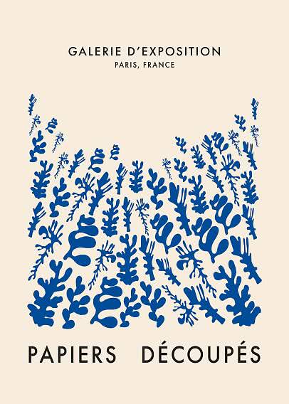 Poster with blue organic cutout shapes on beige background and text "Galerie d’Exposition, Paris, France".