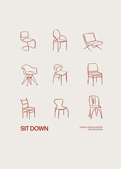 Plakat med ni røde stregtegninger af stole på beige baggrund og teksten "Sit Down".