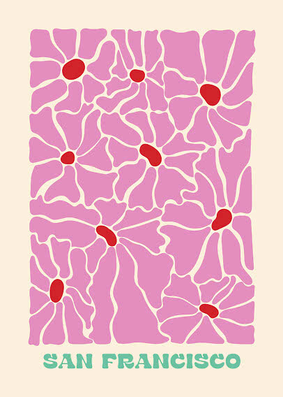 Abstract San Francisco poster with pink organic shapes, red accents, and green text at the bottom