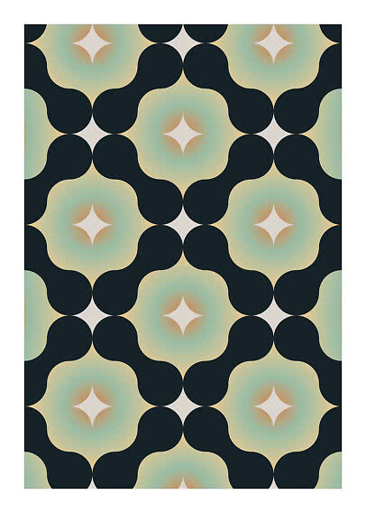 Abstract geometric pattern with dark shapes and soft gradient flower motifs in mint, beige and peach