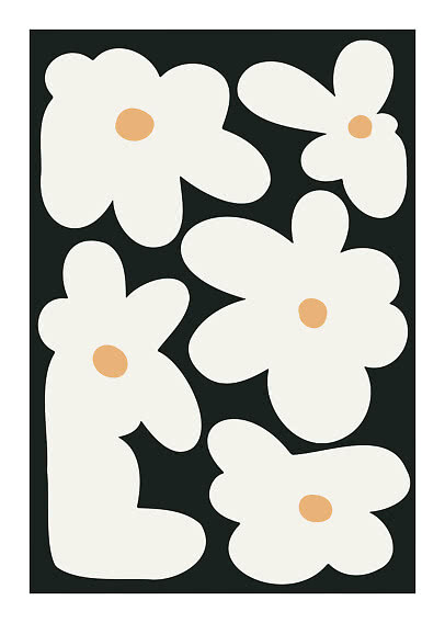 Stampa floreale astratta con grandi fiori color crema e centri arancio chiaro su sfondo nero