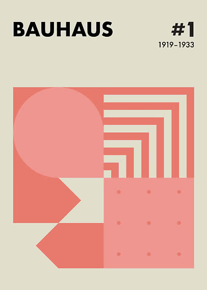 Bauhaus plakat med geometriske former i rosa og koral samt teksten #1 1919–1933