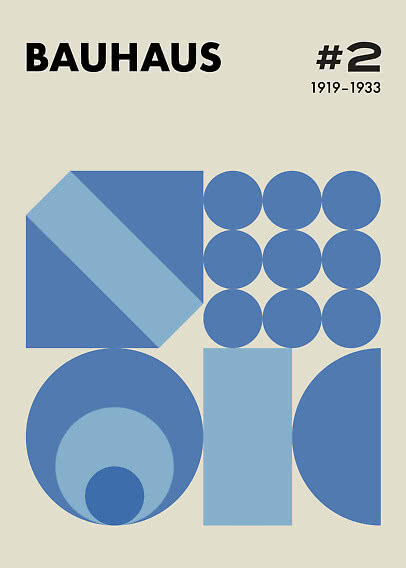 Plakat Bauhaus z niebieskimi geometrycznymi kształtami na beżowym tle i tekstem „#2 1919–1933”