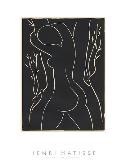 Henri Matisse poster with abstract black-and-white line drawing of a nude figure among trees