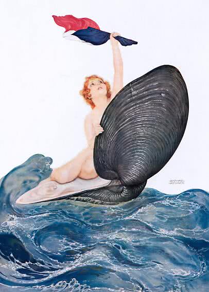 Illustration of a nude woman on a large shell in waves, raising a red, white and blue cloth