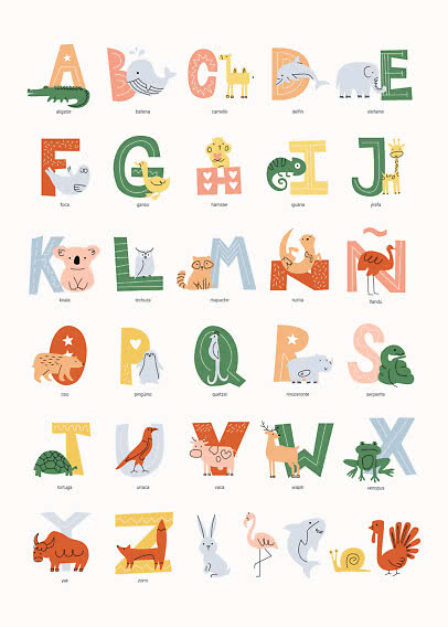 Colorful animal alphabet poster with letters A-Z and cute animal illustrations on a white background