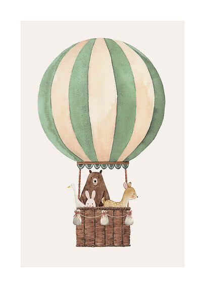 Illustration of a striped hot air balloon with a bear, rabbit, deer and goose in the basket