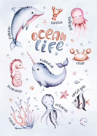Watercolor poster of sea animals with "Ocean Life" text, including dolphin, narwhal, octopus and jellyfish.