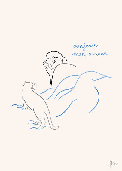 Minimalistisk stregtegning af en sovende person i sengen og en kat, med teksten "bonjour mon amour"