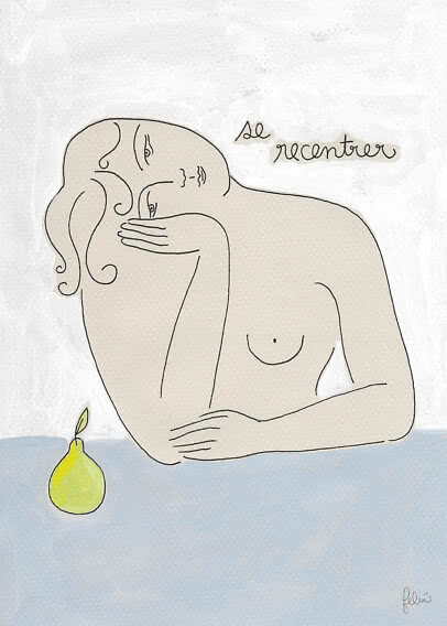 Minimalistisk illustration af en nøgen kvinde ved et bord med en grøn pære og teksten "se recentrer".