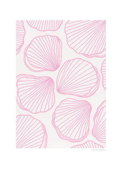 Poster mit rosa Muscheln als Linienzeichnung auf weißem Hintergrund