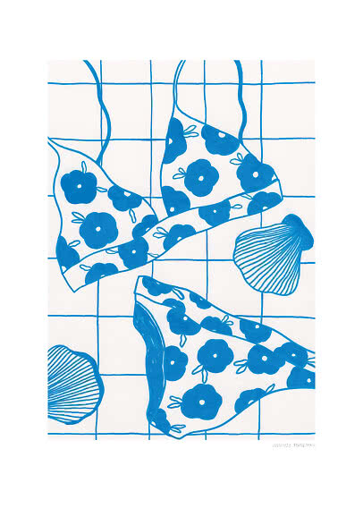 Blue and white illustration of floral bikini bottoms on a grid background with seashells