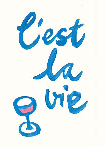 Hand-painted blue "C'est la vie" text with a wine glass filled with pink wine on white