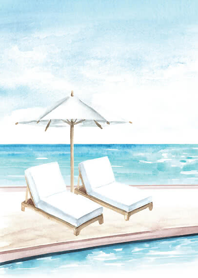 Watercolor of two white sun loungers and an umbrella by a pool overlooking the sea