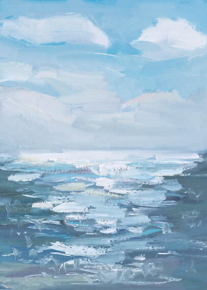Abstract painting in blue and white tones, resembling sea, sky, and light reflections