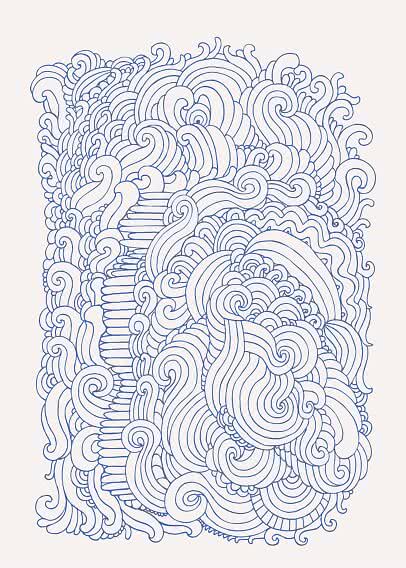 Abstract pattern of blue flowing lines and swirls on a light background
