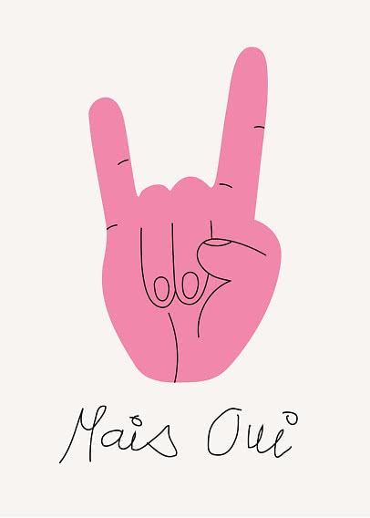 Illustration einer rosa Hand im Rockzeichen mit dem Schriftzug „Mais Oui“ darunter
