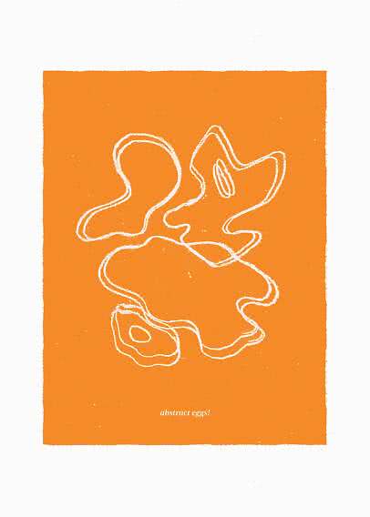 Orange plakat med hvide abstrakte stregtegninger af spejlæg og teksten "abstract eggs!"