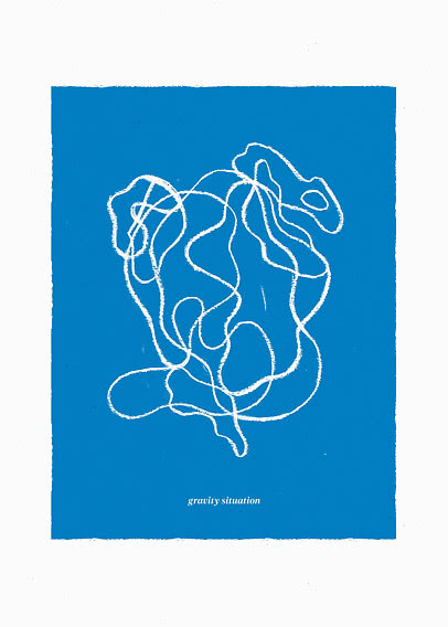 Abstract poster with white line drawing on blue background and the text "gravity situation"