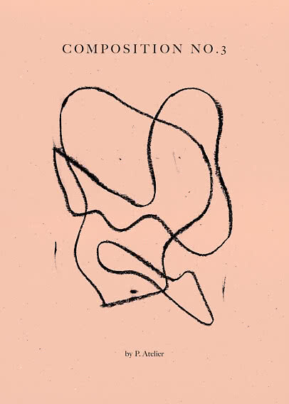 Abstrakt svart linjeteckning på persikofärgad bakgrund med texten "Composition No.3"