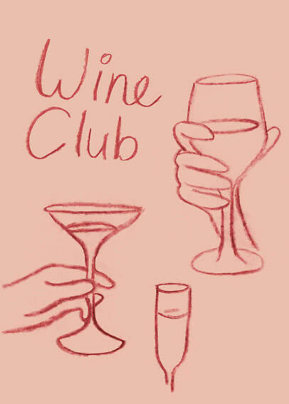 Illustration af Wine Club med hænder, der holder et vinglas, cocktailglas og champagnefløjte