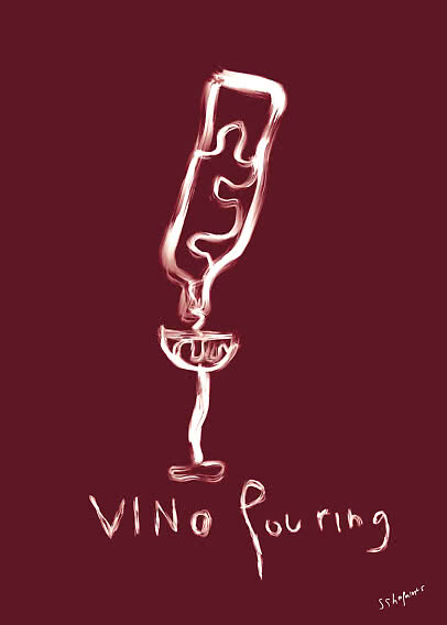 Œuvre abstraite d’une bouteille de vin et d’un verre sur fond rouge foncé, texte « Vino Pouring »