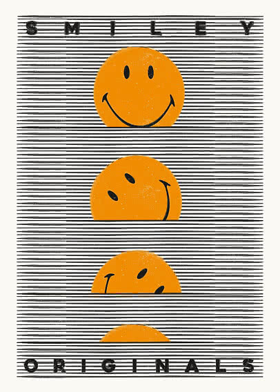 Graphic poster with the text "Smiley Originals" and four orange smiley faces behind black horizontal lines