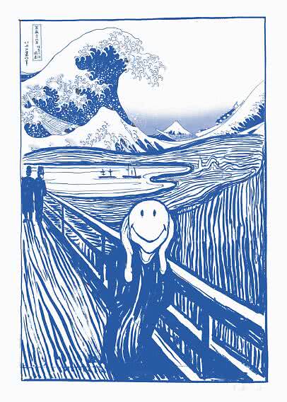 Blue art print blending The Great Wave and The Scream, with a smiley face on a bridge