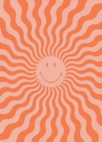 Graphic smiling sun with wavy orange rays on a light pink background
