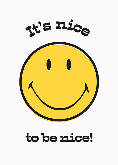 Yellow smiley face with the text "It's nice to be nice!" on a white background