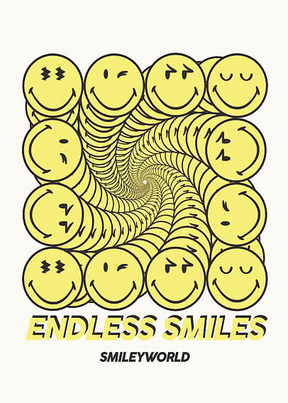 Poster with yellow smiley faces in a spiral tunnel and the text "Endless Smiles" by SmileyWorld