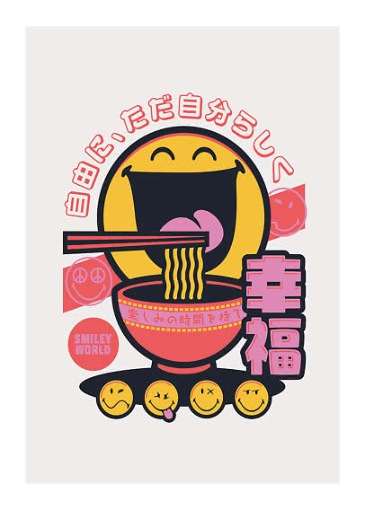 Graphic of a yellow smiley eating noodles with chopsticks above a red bowl with Japanese text