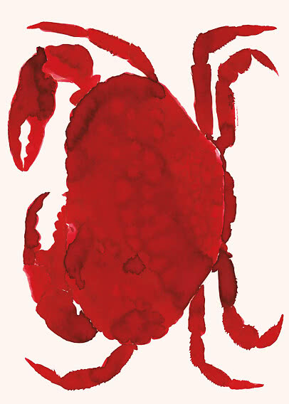 Red watercolor illustration of a crab on a light background