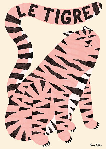 Rosa illustrierter Tiger mit schwarzen Streifen und dem Schriftzug „LE TIGRE“ über dem Schwanz