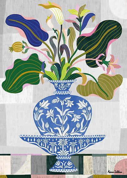 Colorful floral illustration in a blue patterned vase with large green and blue leaves on a light background