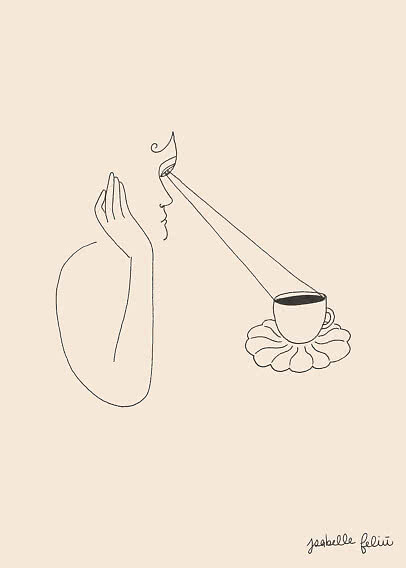 Minimalistisk stregtegning af ansigt, der ser mod en kaffekop på en blomst