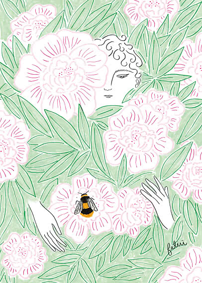 Illustration af kvinde blandt lyserøde blomster og grønne blade med en bi på en blomst