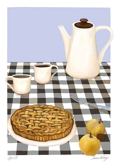 Illustration mit Apfelkuchen, Kaffeekanne, zwei Tassen und Äpfeln auf schwarz-weiß karierter Decke