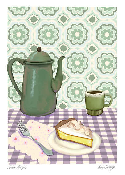 Ilustración de cafetera verde, taza de café y tarta de limón con merengue sobre mantel a cuadros.