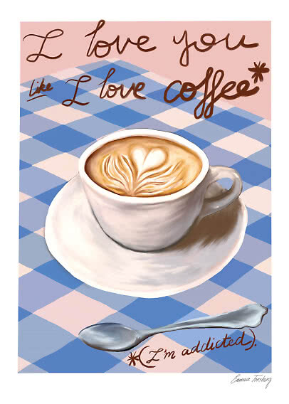 Illustration eines Cappuccinos mit Herz-Latte-Art auf blau karierter Decke und handgeschriebenem Text