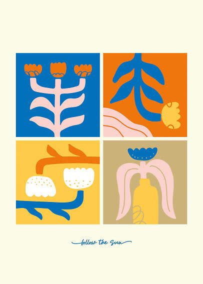 Grafisches Poster mit vier bunten Blumenfeldern und dem Schriftzug "follow the sun" unten