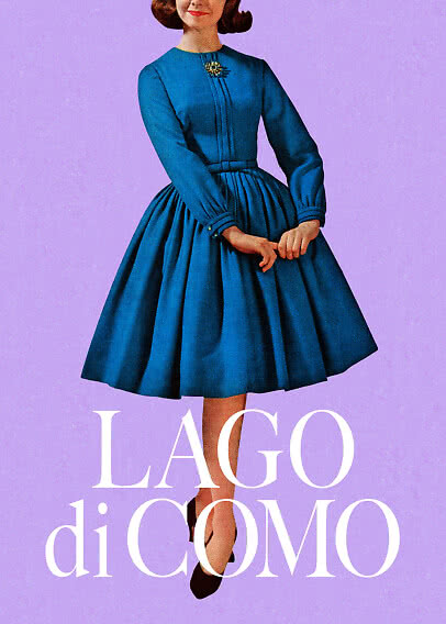Illustration vintage d’une femme en robe bleue à manches longues sur fond violet.